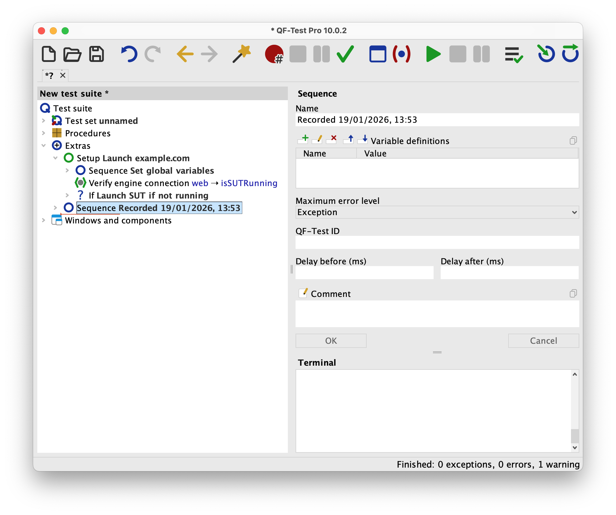 A finished recording in a QF-Test test suite