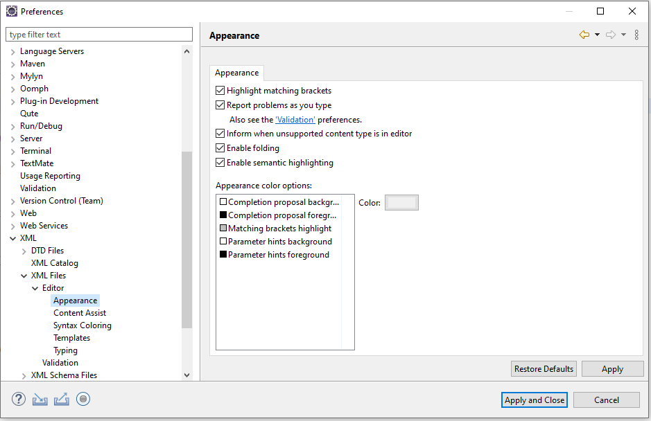 Editor appearance settings for XML files in Eclipse